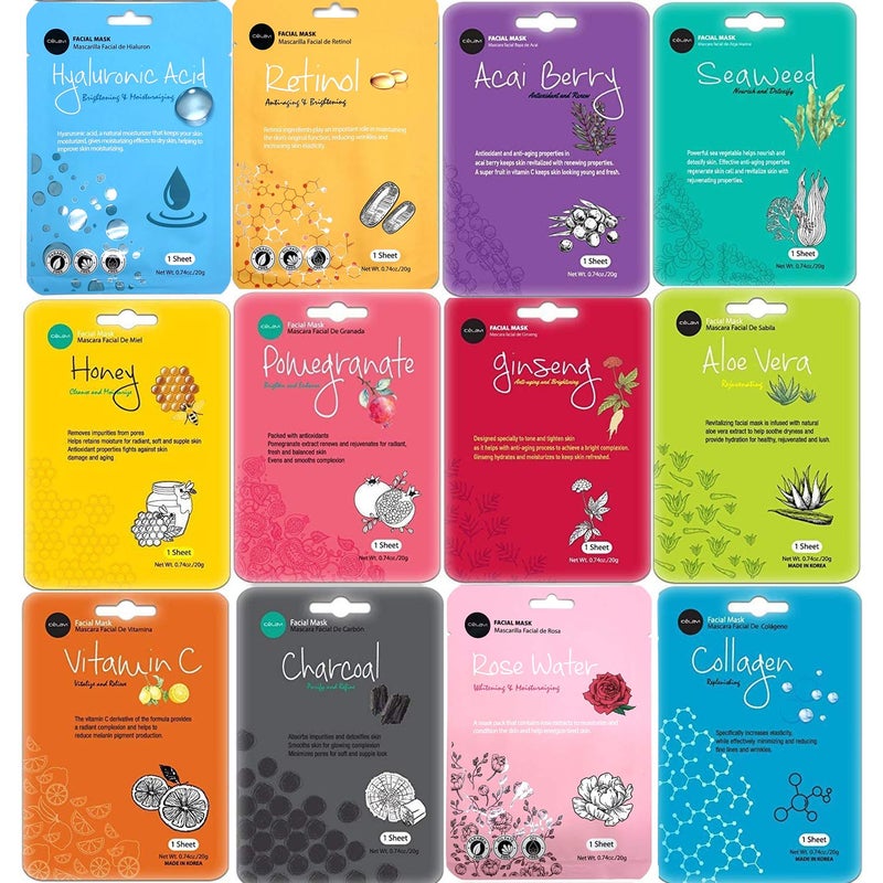 Celavi Cosmetics celavi Face Mask Set Korean Beauty Essence Facial Paper Sheet Mask Korea Skin Care Moisturizing 12 New flavors K-Beauty Skincare 12 masks in a pack Made in Korea - Image 1