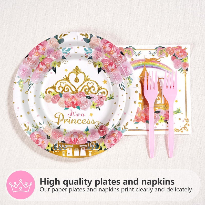 Grencian 96Pcs Princess Baby Shower Birthday Party Decorations A Little Princess is on Her Way Paper Plates and Napkins Castle Themed Birthday Tableware for Girls One Year Old Fairytale Party Supplies - Image 2
