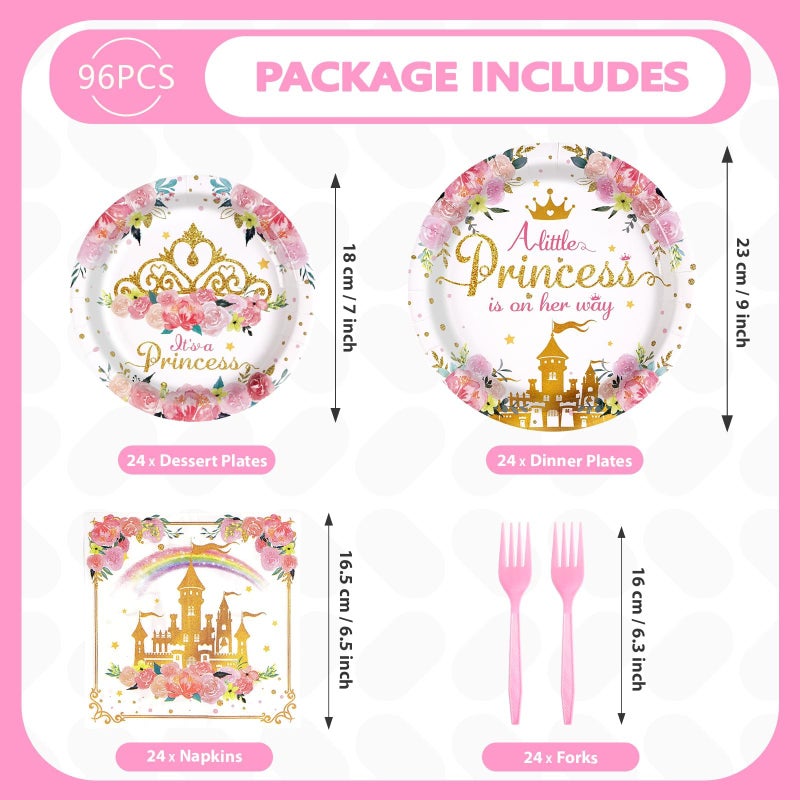 Grencian 96Pcs Princess Baby Shower Birthday Party Decorations A Little Princess is on Her Way Paper Plates and Napkins Castle Themed Birthday Tableware for Girls One Year Old Fairytale Party Supplies - Image 5