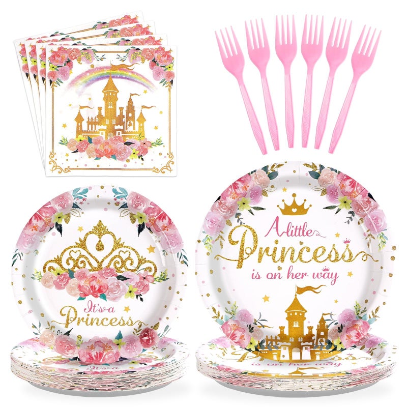 Grencian 96Pcs Princess Baby Shower Birthday Party Decorations A Little Princess is on Her Way Paper Plates and Napkins Castle Themed Birthday Tableware for Girls One Year Old Fairytale Party Supplies - Image 1