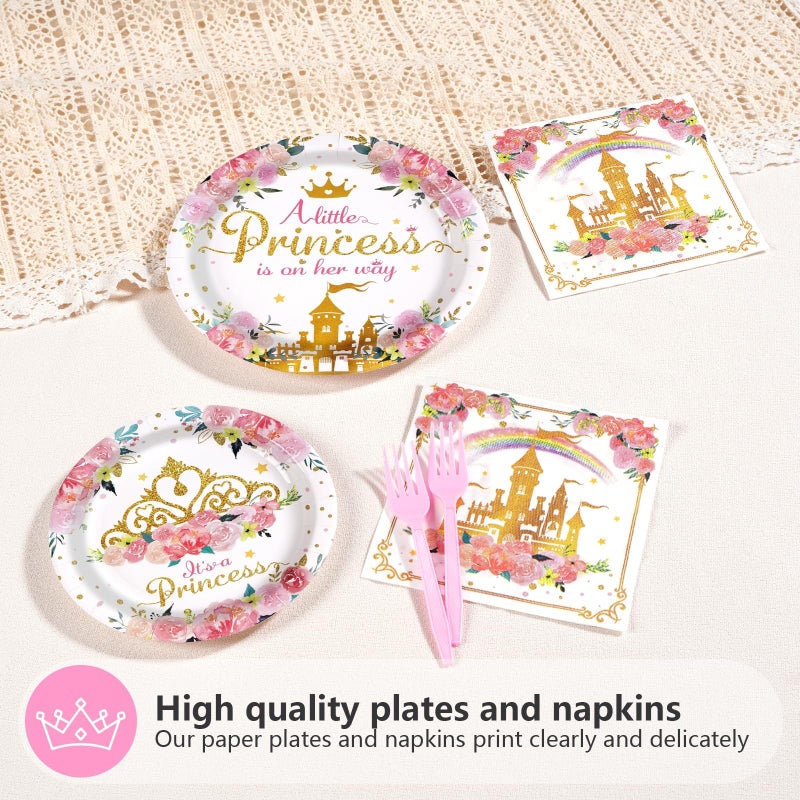 Grencian 96Pcs Princess Baby Shower Birthday Party Decorations A Little Princess is on Her Way Paper Plates and Napkins Castle Themed Birthday Tableware for Girls One Year Old Fairytale Party Supplies - Image 3