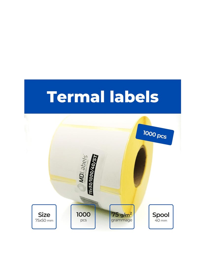Terabyte White Thermal Labels on a Roll - 75 x 50 mm - ROLL of 1000 - Permanent Adhesive, for Barcode, White Adhesive Labels for Labelling 4 ROLLS PACK - Image 1