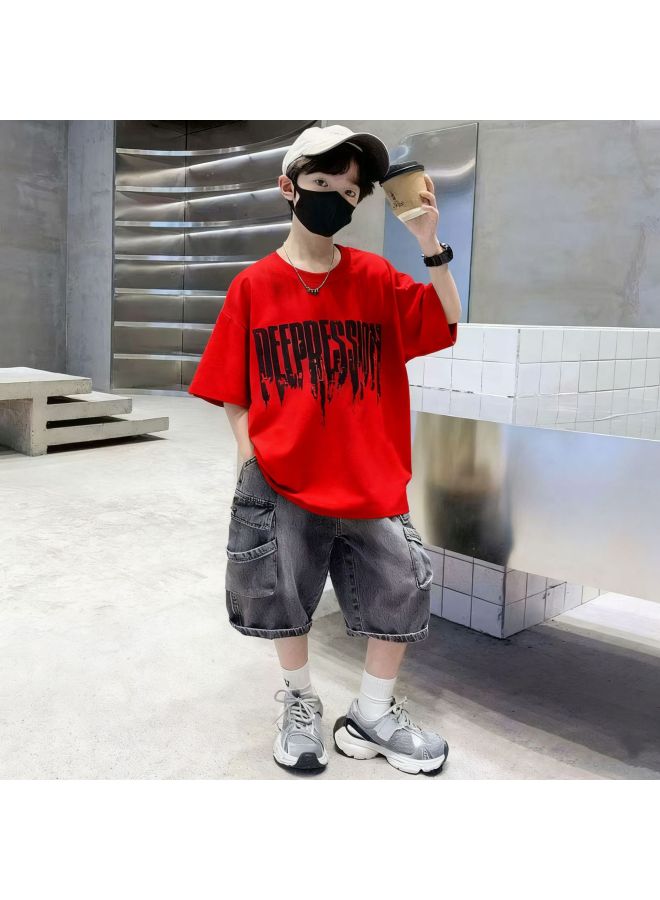 Boys' Summer Outfit New Style Children's Summer Short-sleeve Denim Set For Older Kids, Two-piece Trendy Set