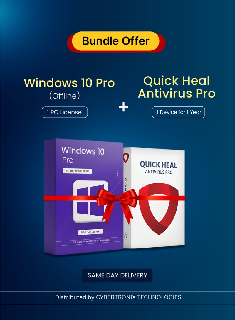 Windows Microsoft Windows 10 Pro ( 1 PC Offline License ) | Quick Heal Antivirus Pro (1 Device, 1 Year) | Digital License | Same Day Delivery | Bundle Pack