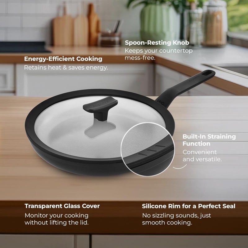 Berghoff 24 cm Recycled Aluminum Non-Stick Cooking Fry Pan & Toughened Glass Lid | CeraGreen Ceramic Coating | PTFE, PFAS Free | Induction, Dishwasher Ready | Black | 5 Yr Warranty - Image 4