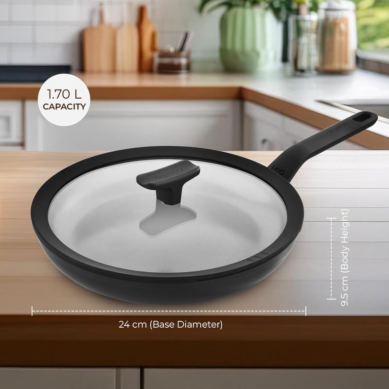 Berghoff 24 cm Recycled Aluminum Non-Stick Cooking Fry Pan & Toughened Glass Lid | CeraGreen Ceramic Coating | PTFE, PFAS Free | Induction, Dishwasher Ready | Black | 5 Yr Warranty - Image 2