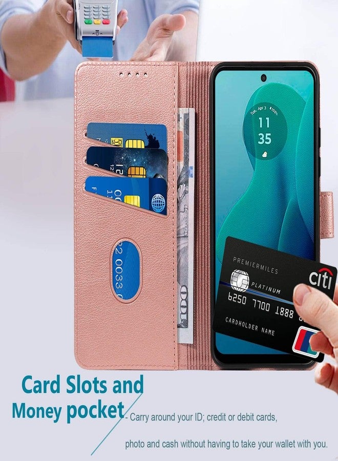 جانكالم جراب JanCalm لهاتف Moto G 5G 2024/Play 5G 2024، جراب قلاب للهاتف مزود بتقنية حجب RFID، [حامل بطاقات/فتحات نقود] [مسند] غطاء جلدي واقٍ بمشبك مغناطيسي (ذهبي وردي) - Image 3