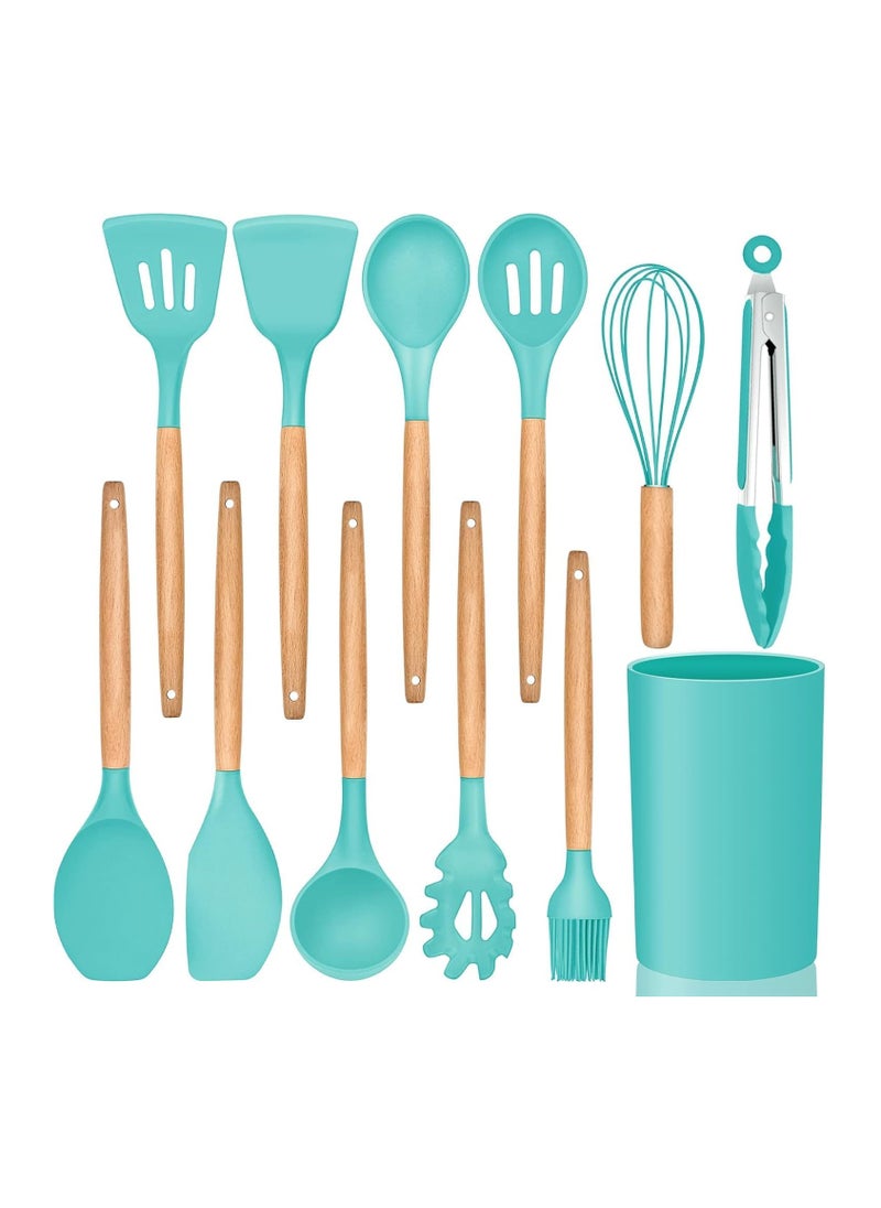 QSHOP Silicone Kitchen Utensil Set, 12 Pcs Silicone Cooking Utensils Set, Include Spatula Holder Set, Non-Stick and Scratch Resistant Kitchen Utensils with Wooden Handles for Cookware  - Image 1