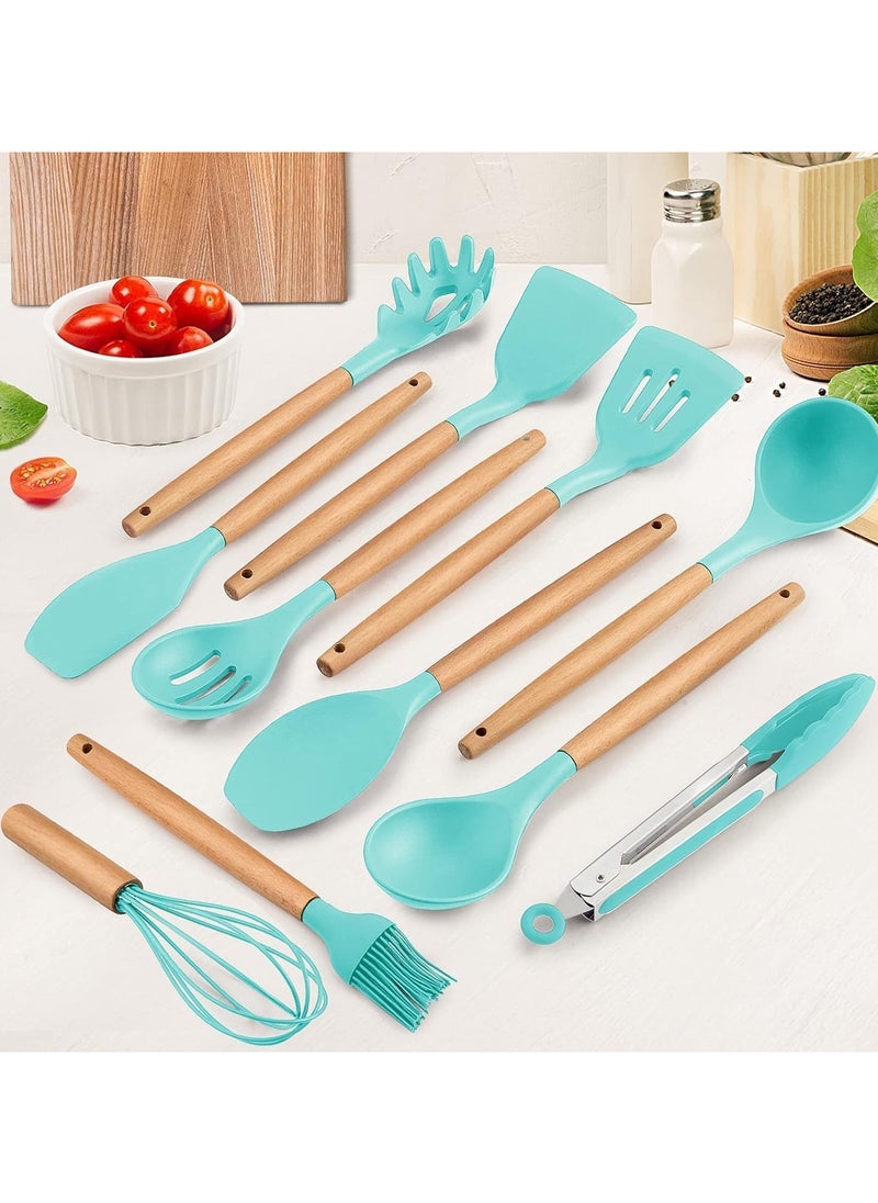 QSHOP Silicone Kitchen Utensil Set, 12 Pcs Silicone Cooking Utensils Set, Include Spatula Holder Set, Non-Stick and Scratch Resistant Kitchen Utensils with Wooden Handles for Cookware  - Image 2