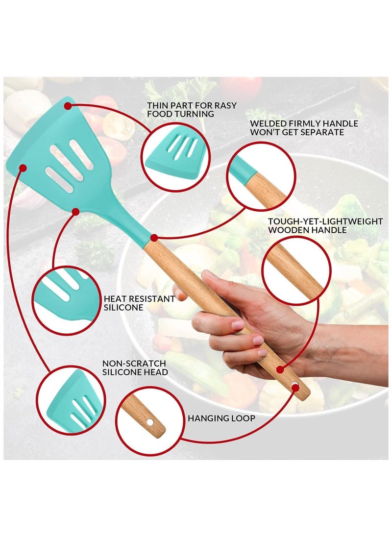 QSHOP Silicone Kitchen Utensil Set, 12 Pcs Silicone Cooking Utensils Set, Include Spatula Holder Set, Non-Stick and Scratch Resistant Kitchen Utensils with Wooden Handles for Cookware  - Image 4