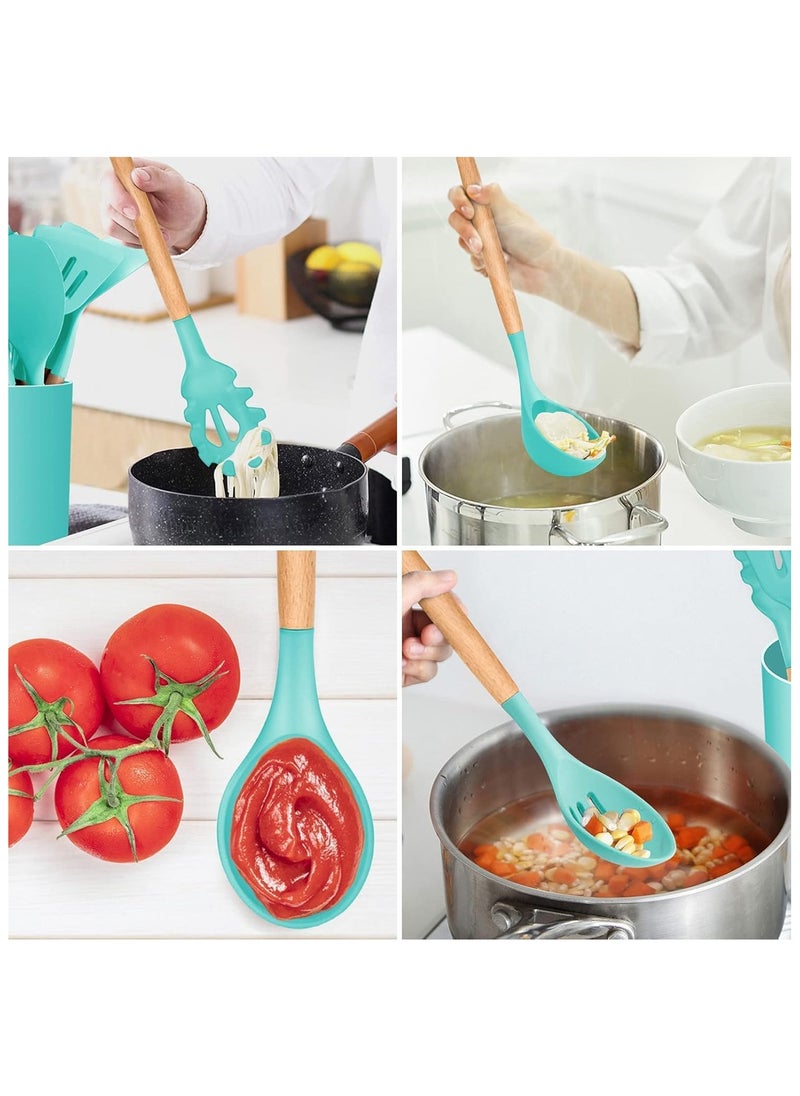 QSHOP Silicone Kitchen Utensil Set, 12 Pcs Silicone Cooking Utensils Set, Include Spatula Holder Set, Non-Stick and Scratch Resistant Kitchen Utensils with Wooden Handles for Cookware  - Image 5