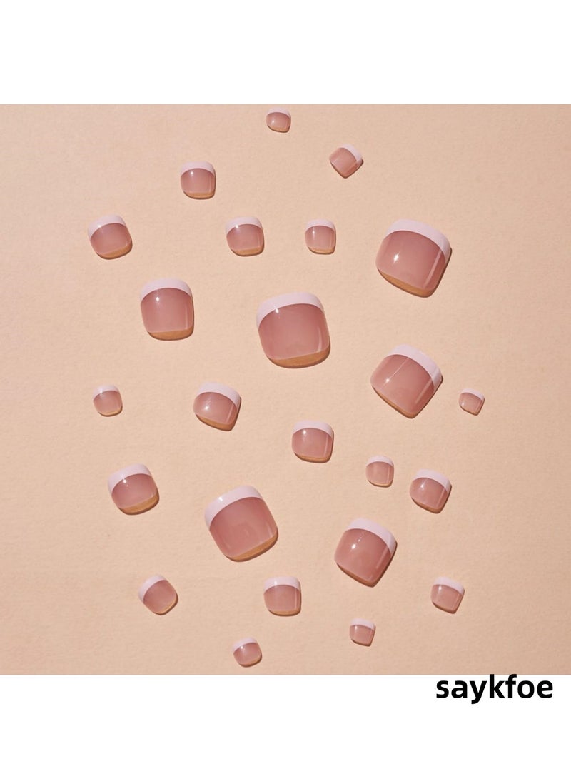 saykfoe 48 Pcs French Press on Nails and Toenails Set, French Tip Square Nail Toenails White Medium Coffin Glossy False Nails Feet, with Adhesive Jelly glue Nail File for Women and Girls - Image 5