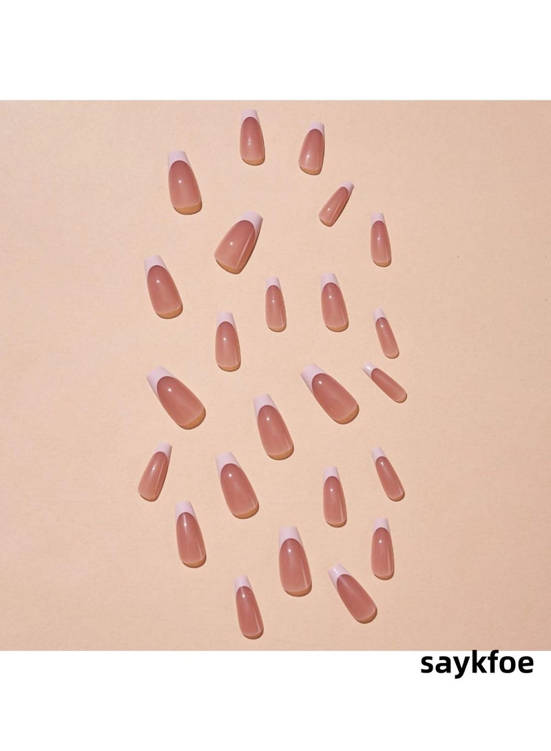 saykfoe 48 Pcs French Press on Nails and Toenails Set, French Tip Square Nail Toenails White Medium Coffin Glossy False Nails Feet, with Adhesive Jelly glue Nail File for Women and Girls - Image 3
