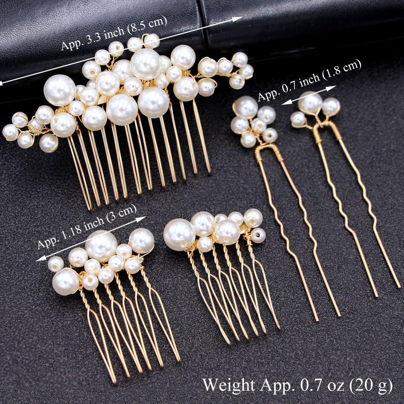 Sppry Pearl Hair Combs and Hair Pins for Bridal Women, Decorative Hair Accessories for Wedding Prom, Set of 5 (Gold) - Image 2