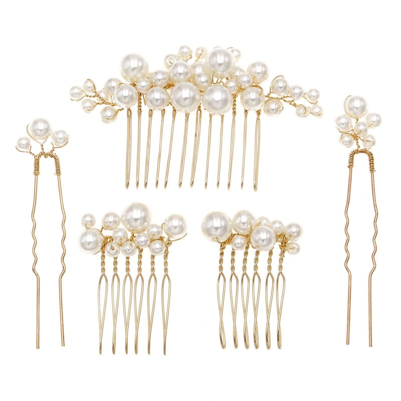 Sppry Pearl Hair Combs and Hair Pins for Bridal Women, Decorative Hair Accessories for Wedding Prom, Set of 5 (Gold) - Image 1
