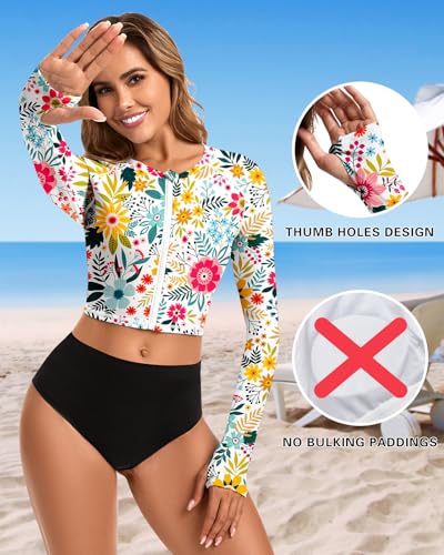 WOWENY Cropped Rash Guard Shirts for Women Long Sleeve with Thumb Holes UPF50+ Surfing Swimsuit Top No Bottom(Full Zip Up Flowers, M) - Image 3