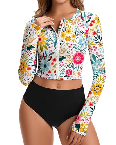 WOWENY Cropped Rash Guard Shirts for Women Long Sleeve with Thumb Holes UPF50+ Surfing Swimsuit Top No Bottom(Full Zip Up Flowers, M) - Image 1
