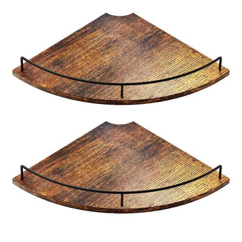 FNBAR Corner Floating Shelves Rustic Brown Wood Set of 2 Wall Mount Storage with Guardrail for Bathroom Kitchen Living Room