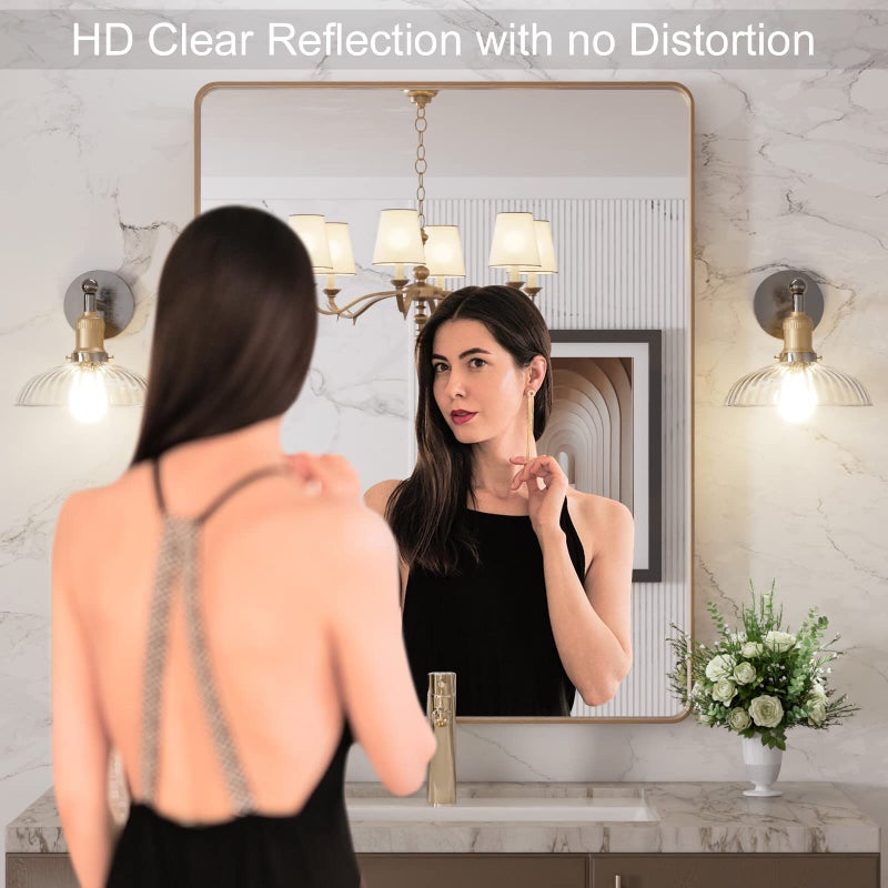 LOAAO 28â€X36â€ Gold Bathroom Mirror, Rounded Rectangle Gold Frame Mirror, Brushed Gold Bathroom Vanity Mirror Wall-Mounted, Anti-Rust, Hangs Horizontally or Vertically - Image 2