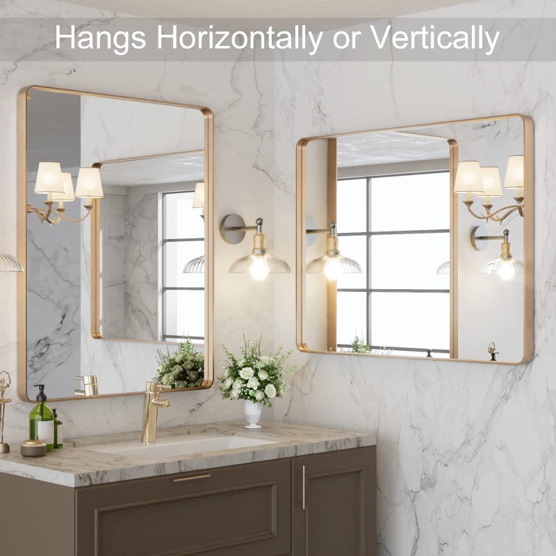 LOAAO 28â€X36â€ Gold Bathroom Mirror, Rounded Rectangle Gold Frame Mirror, Brushed Gold Bathroom Vanity Mirror Wall-Mounted, Anti-Rust, Hangs Horizontally or Vertically - Image 4