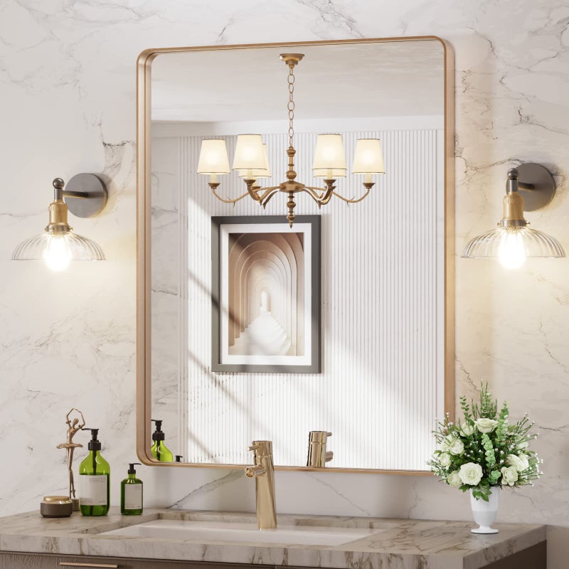 LOAAO 28â€X36â€ Gold Bathroom Mirror, Rounded Rectangle Gold Frame Mirror, Brushed Gold Bathroom Vanity Mirror Wall-Mounted, Anti-Rust, Hangs Horizontally or Vertically - Image 1