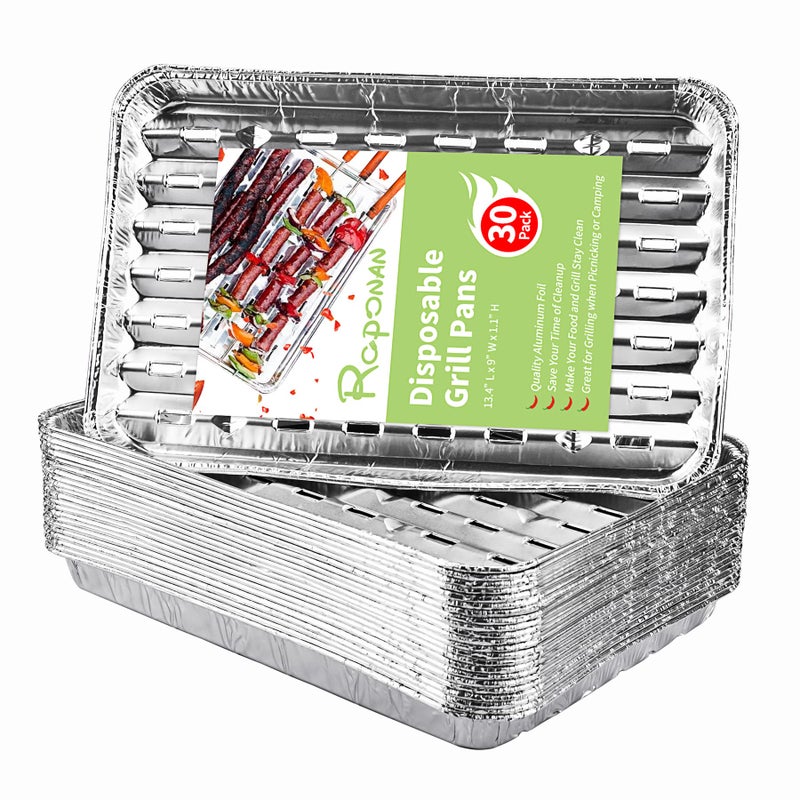 Roponan 30-Pack Disposable Grill Toppers, Aluminum Foil Grill Pans with Holes, Grill Accessories for Barbecue, Outdoor Cooking and Camping - Image 1