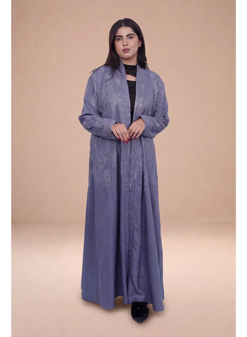 Fashion Line Elegant Open-Front Slate Grey Abaya with Delicate Floral Embroidery and Bead Embellishments