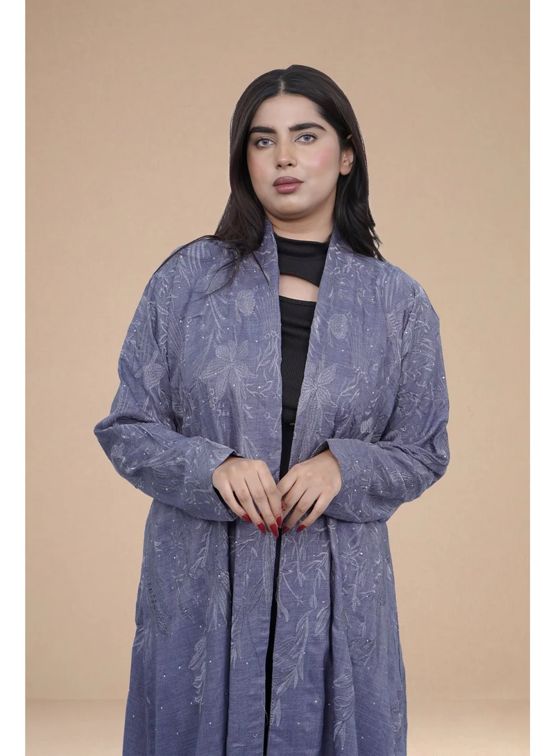 Fashion Line Elegant Open-Front Slate Grey Abaya with Delicate Floral Embroidery and Bead Embellishments