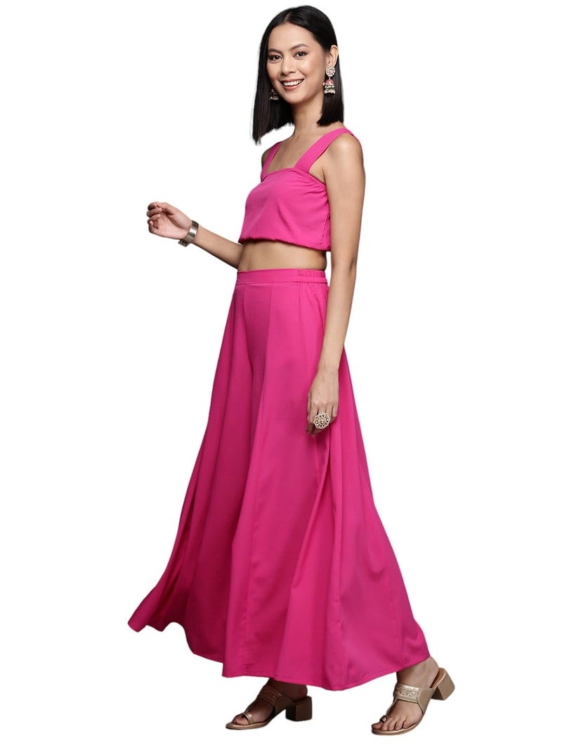 Ahalyaa Pink Solid Crop Top with Palazzos and Printed Shrug - Image 2