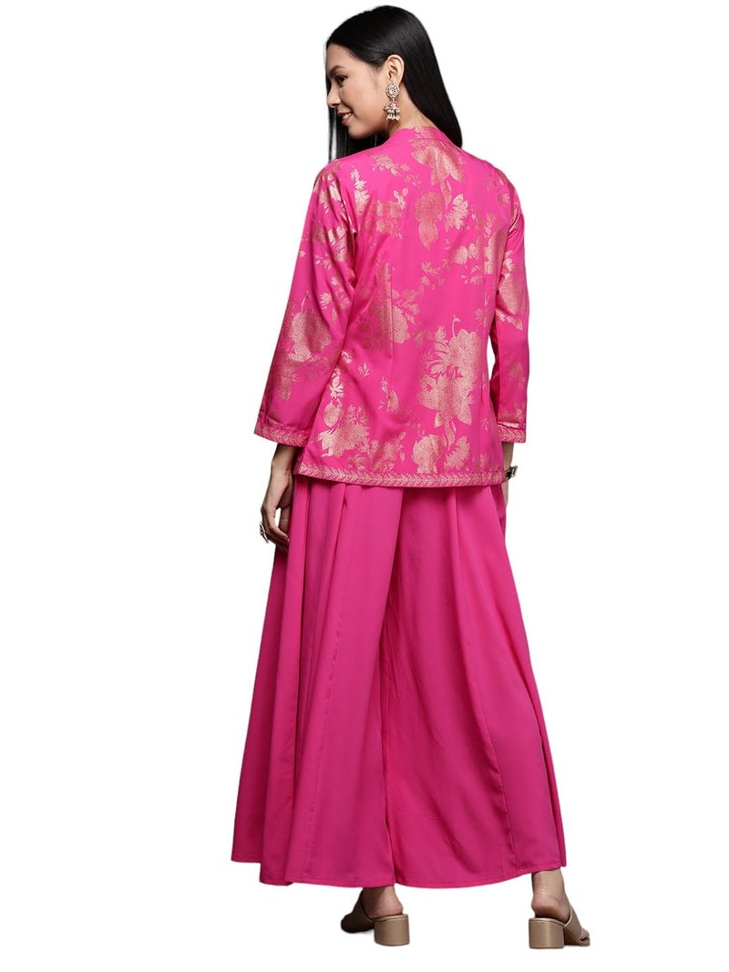 Ahalyaa Pink Solid Crop Top with Palazzos and Printed Shrug - Image 3