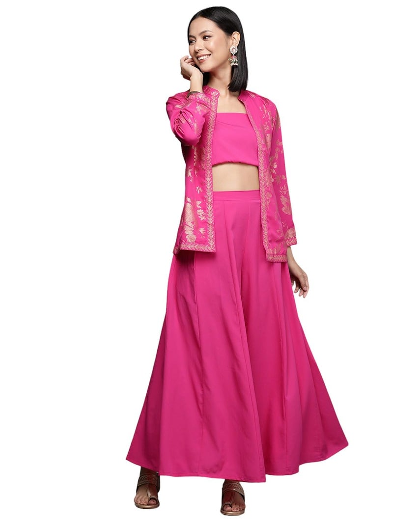 Ahalyaa Pink Solid Crop Top with Palazzos and Printed Shrug - Image 1