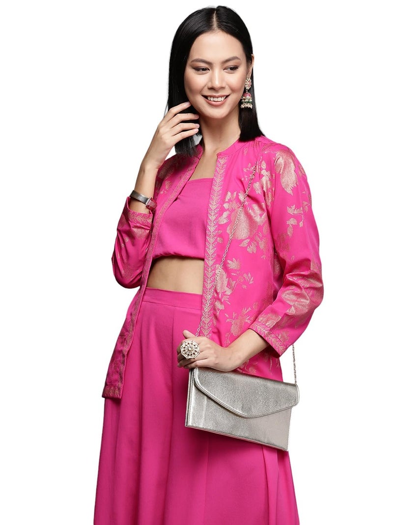 Ahalyaa Pink Solid Crop Top with Palazzos and Printed Shrug - Image 4