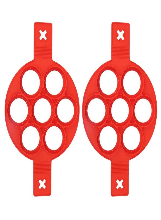 Fdit 2 Pcs Silicone Non-Stick Pancake Molds, 7-Hole Round Egg Ring for DIY Breakfast Cooking Microwave Oven Safe Baking Tools Red - Image 1
