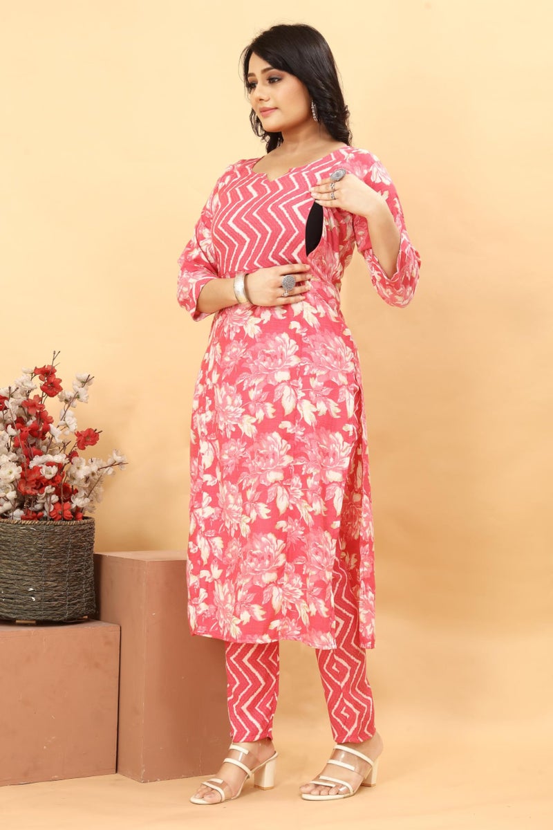 SKY FAB Women Viscose Rayon A-line Maternity and Nursing Kurta Set with Dupatta and Zipper - Pink Floral Pattern, 3/4 Sleeves, Comfortable Fit - Image 5