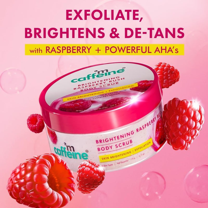 MCaffeine Brightening Raspberry Body Scrub | Tan Removal | AHAs - Lactic & Glycolic Acid, Niacinamide | Vitamin C Rich for Brighter, Soft Skin | Remove Dry, Dead Skin | Fruity Berries Aroma - 175g - Image 2