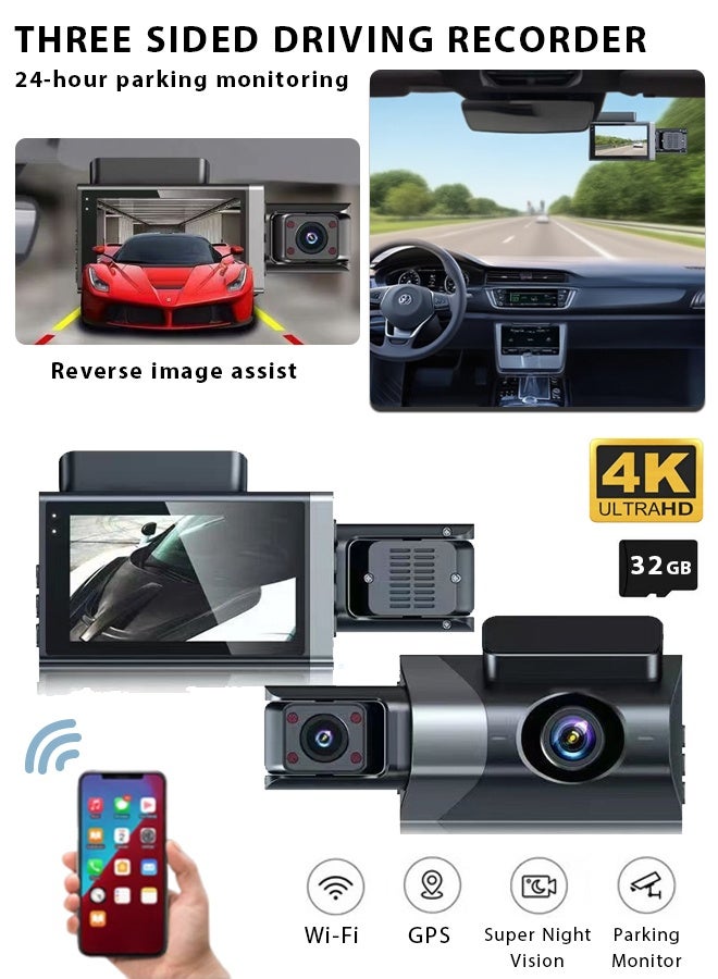 4K three lens driving record，3-inch screen with built-in GPS, WiFi, car DVR, 24-hour parking monitoring, infrared night vision, rear camera，Front, interior, and rear reversing camera,Full screen reverse image,Emergency snapshot,loop recording ﻿ - Image 1