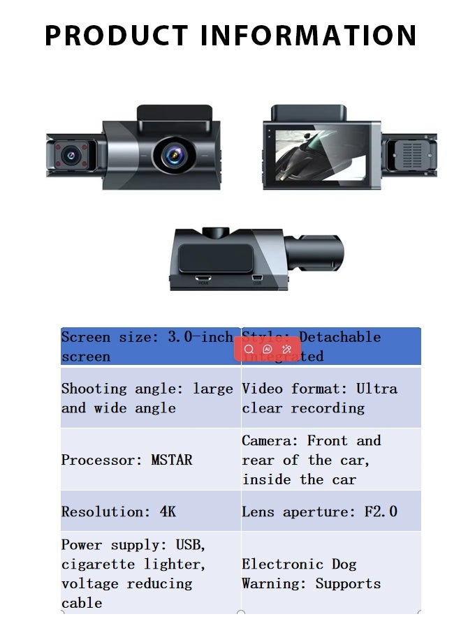 4K three lens driving record，3-inch screen with built-in GPS, WiFi, car DVR, 24-hour parking monitoring, infrared night vision, rear camera，Front, interior, and rear reversing camera,Full screen reverse image,Emergency snapshot,loop recording ﻿ - Image 2