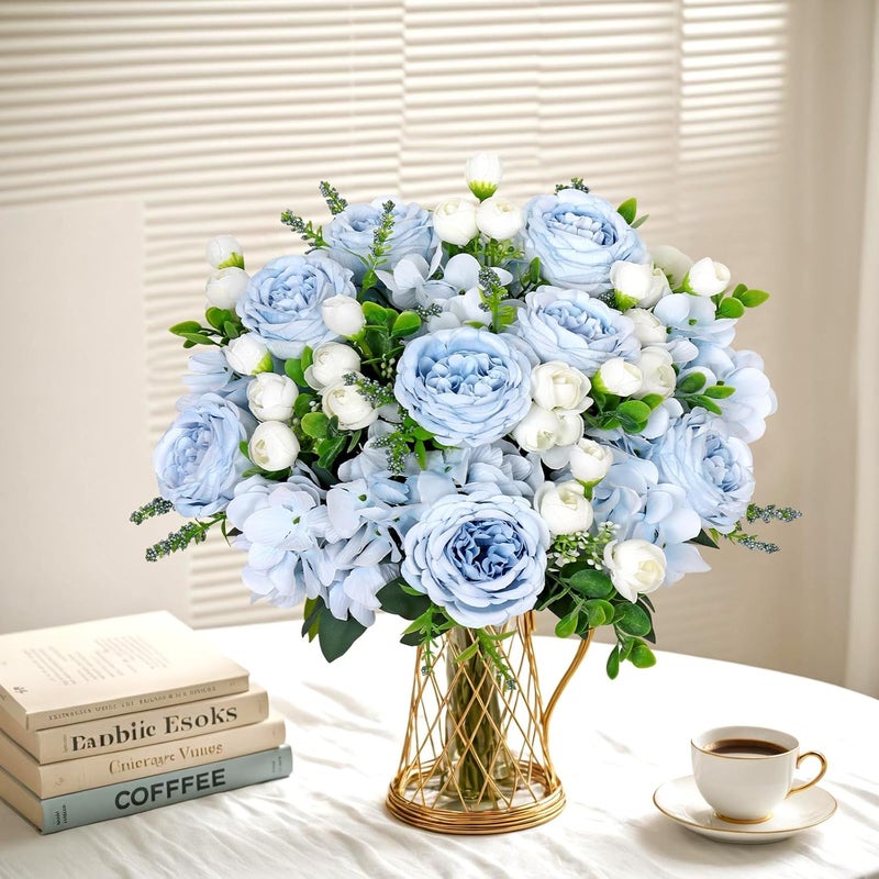 SOMYTING Peony Artificial Flowers Peony Bouquet Artificial Flowers Silk Peony Bouquets for Wedding Party Table Centrepieces Flower Arrangement Home Decor (4, Blue/White) - Image 4