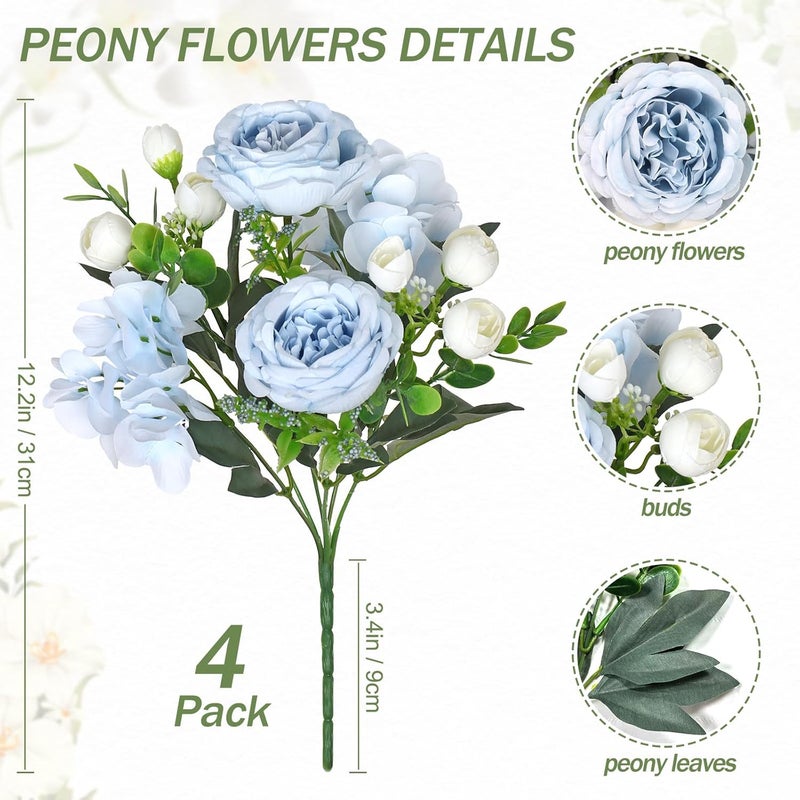 SOMYTING Peony Artificial Flowers Peony Bouquet Artificial Flowers Silk Peony Bouquets for Wedding Party Table Centrepieces Flower Arrangement Home Decor (4, Blue/White) - Image 2