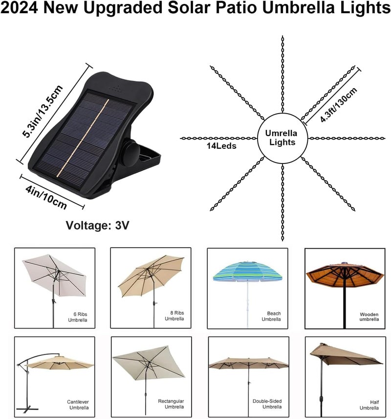 VOOKRY Solar Umbrella Lights Outdoor, Waterproof Solar Powered Patio Umbrella Lights Cordless 8 Modes LED Umbrella Patio Lights for Beach Tent Camping Garden Party Decoration(Warm White) - Image 2