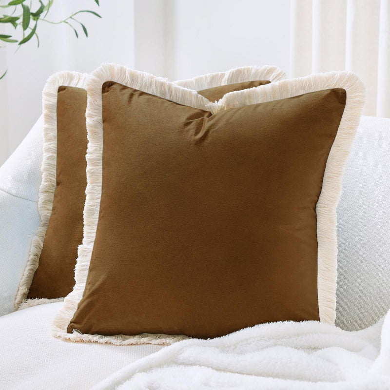 MONDAY MOOSE Decorative Throw Pillow Covers Cushion Cases, Set of 2 Soft Velvet Modern Fringe Tassel Designs, Mix and Match for Home Decor, Pillow Inserts Not Included (18x18 inch, Caramel) - Image 1
