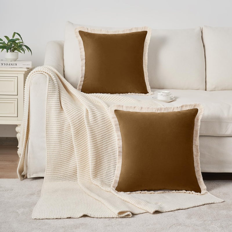 MONDAY MOOSE Decorative Throw Pillow Covers Cushion Cases, Set of 2 Soft Velvet Modern Fringe Tassel Designs, Mix and Match for Home Decor, Pillow Inserts Not Included (18x18 inch, Caramel) - Image 4