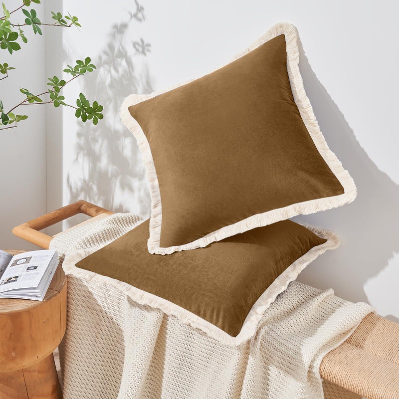 MONDAY MOOSE Decorative Throw Pillow Covers Cushion Cases, Set of 2 Soft Velvet Modern Fringe Tassel Designs, Mix and Match for Home Decor, Pillow Inserts Not Included (18x18 inch, Caramel) - Image 5