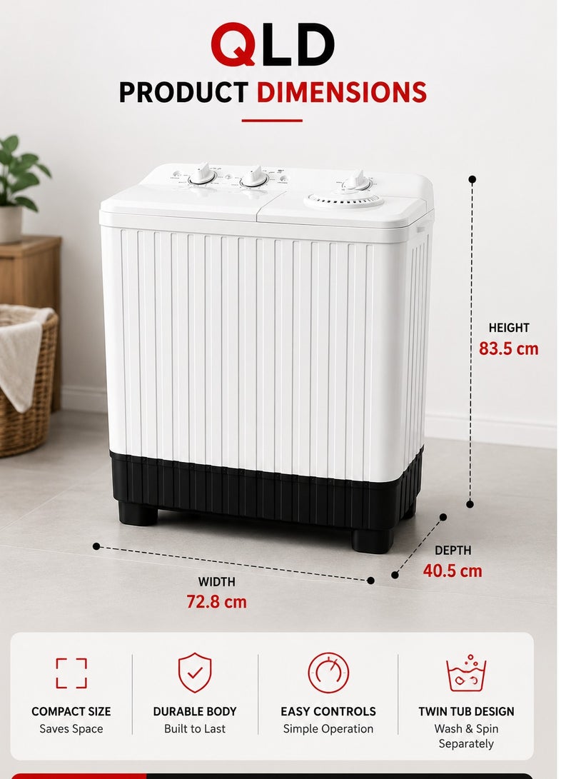 QLD Twin Tub Semi Automatic Washing Machine 10KG Wash Capacity 6KG Spin Capacity Top Load White QLWM-10K-TTW - Image 4