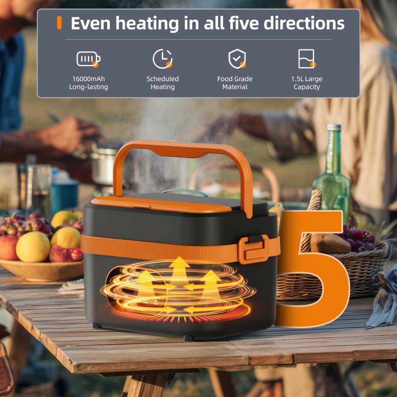 AYOUGE Heated Lunch Box, 16000mAh Cordless Electric, 1.5L Portable Self Heating Lunch Box for Adults, Rechargeable Food Warmer for Office, Picnic,Car Travel,Outdoor Use-Orange - Image 5