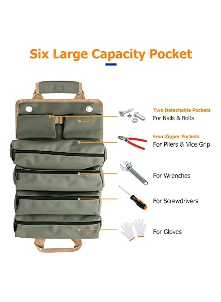 erorex Roll Up Tool Bag, Oxford Cloth Roll Tool Organizer with 4 Zipper Pockets and 2 Detachable Pouches Wrench Roll Up Pouch Bag Multi-Purpose Tool Roll Organizer for Mechanic Electrician  - Image 1