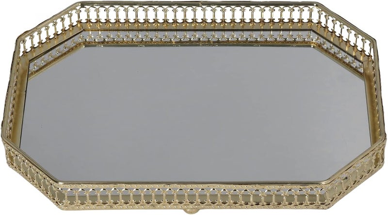 Gold Mirror Decorative Tray for Vanity, Dresser, Bathroom Counter, Mirror Tray Style Iron Large Decorative Geometric Shape Side Makeup for Bathroom Home - Image 1