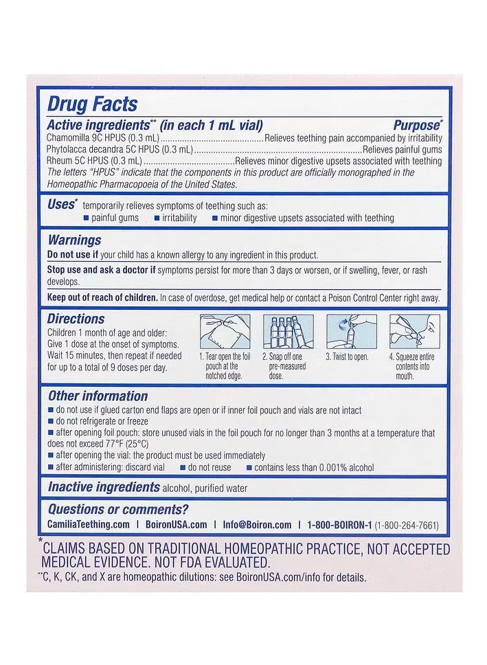 Boiron Camilia, Teething Relief, 1 Month+, 30 Doses, 0.034 fl oz (1 ml) Each - Image 2