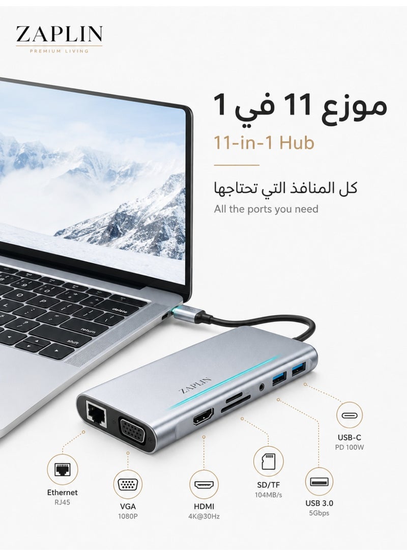 زابلين  USB C HUB USB C Adapter 11 in 1 Dongle with 4K HDMI VGA Type C PD USB3.0 RJ45 Ethernet SD/TF Card Reader 3.5mm AUX Docking Station Compatible with MacBook Pro/Air Other Type C Laptops Devices - Image 2
