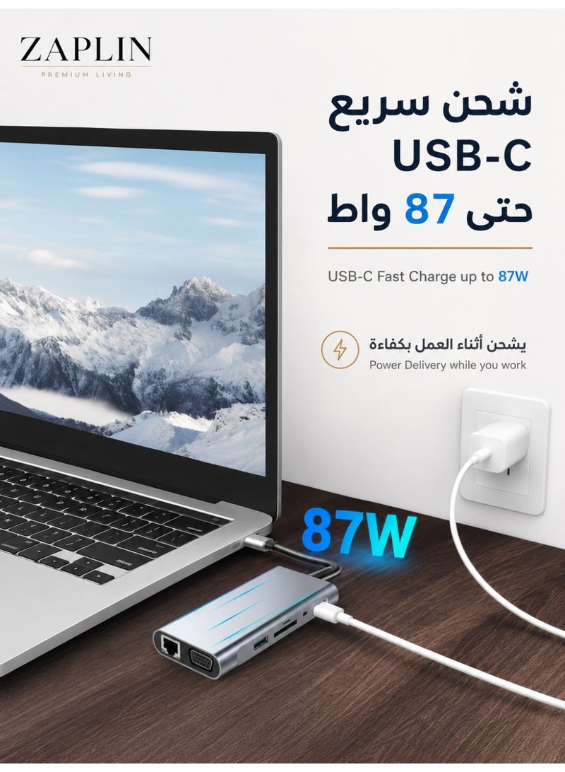 زابلين  USB C HUB USB C Adapter 11 in 1 Dongle with 4K HDMI VGA Type C PD USB3.0 RJ45 Ethernet SD/TF Card Reader 3.5mm AUX Docking Station Compatible with MacBook Pro/Air Other Type C Laptops Devices - Image 3